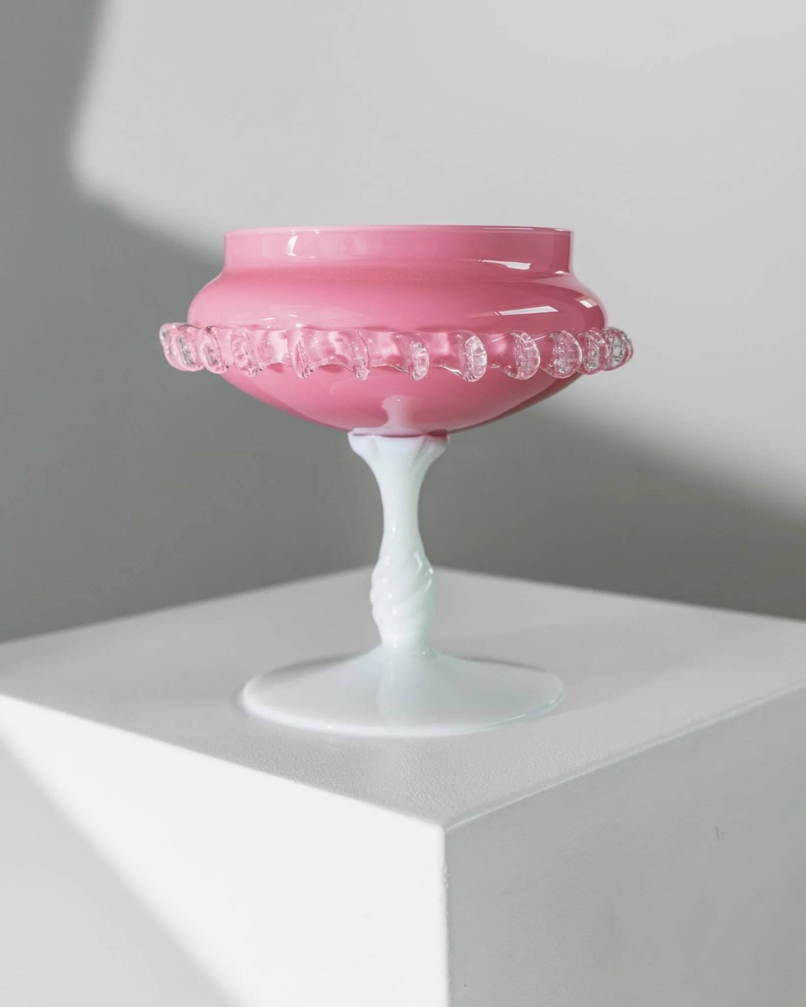 Vintage Empoli Glass Bowl in Pink Opaline with White Pedestal and Bead Trim - Murano-Style Mid-Century Italian Table Centerpiece