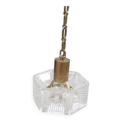 Plafonnier Carl Fagerlund pour Orrefors laiton et verre moulé Suède 1960