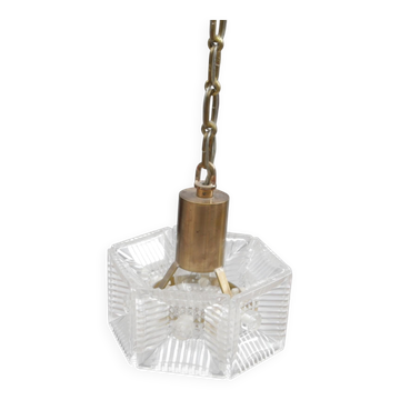 Plafonnier Carl Fagerlund pour Orrefors laiton et verre moulé Suède 1960