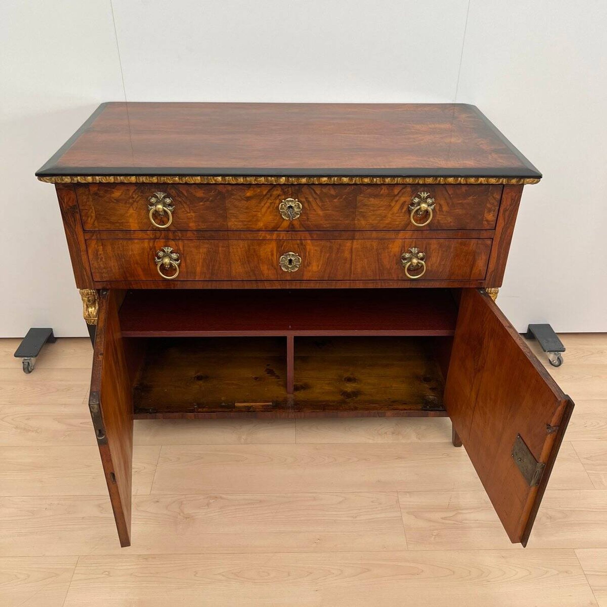 Biedermeier Chest in Walnut Veneer, Cherry, Gold Leaf & Brass, Austria, 1815