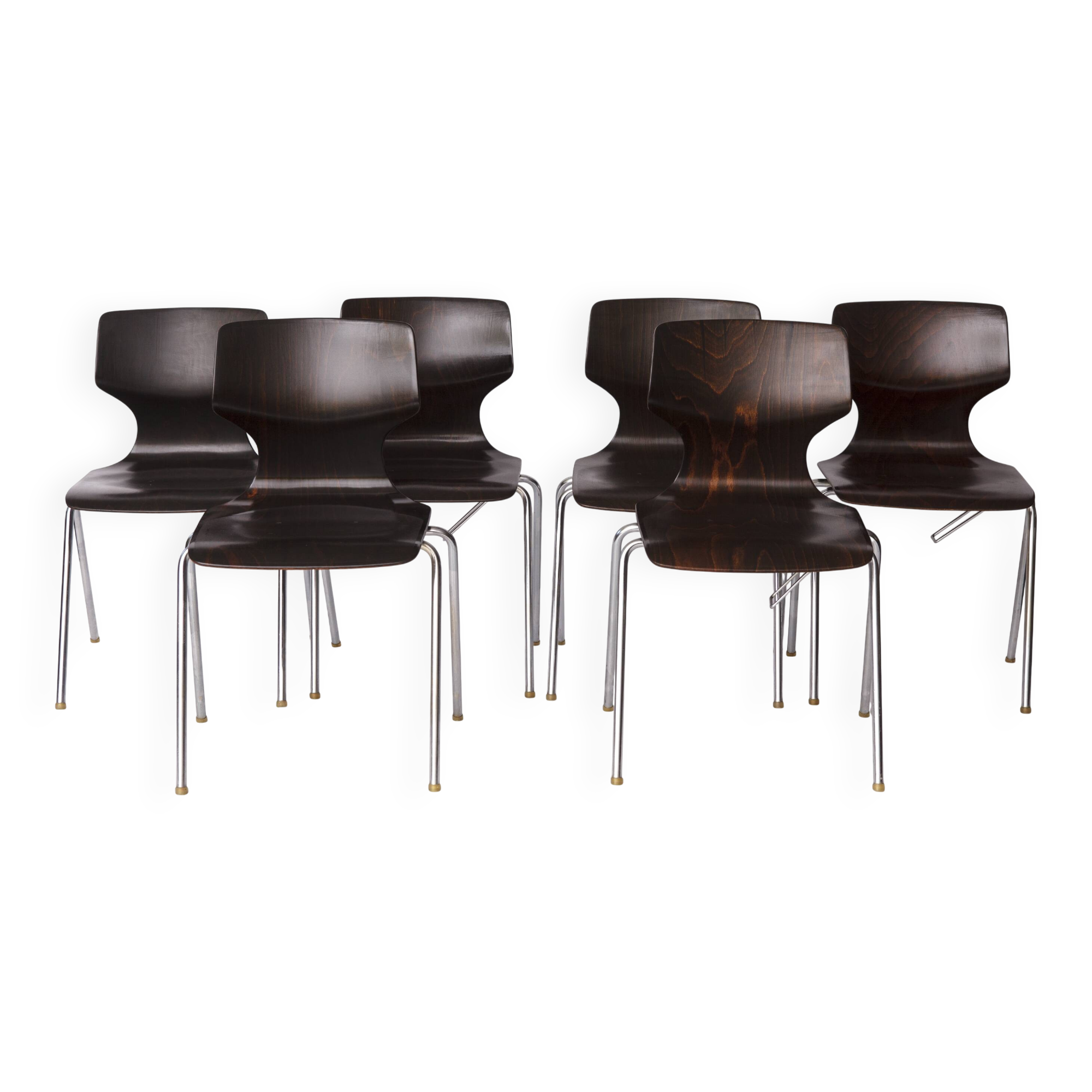 6 Flötotto Pagwood Chairs – German Design Classic, 1970s, Chrome & Plywood