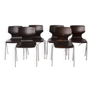6 Flötotto Pagwood Chairs – German Design Classic, 1970s, Chrome & Plywood