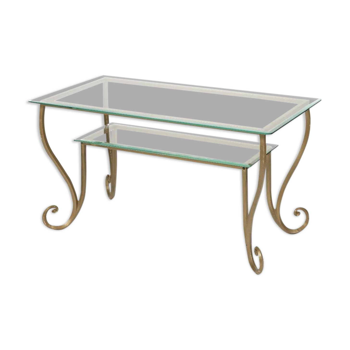 Large gold wrought iron and glass side table.