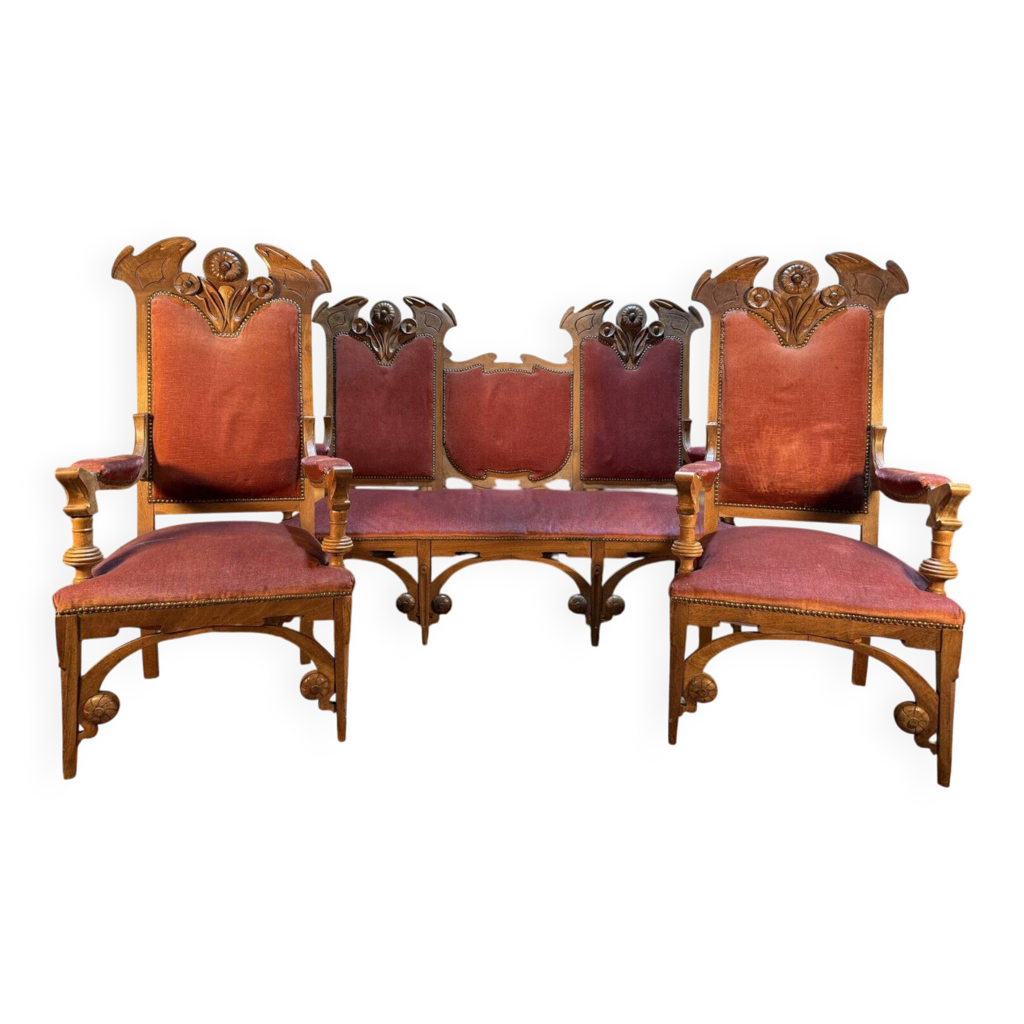 Art Nouveau style Gothic Revival salon sofa and pair of armchairs in
