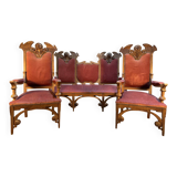 Art Nouveau style Gothic Revival salon sofa and pair of armchairs in