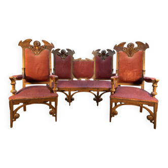 Art Nouveau style Gothic Revival salon sofa and pair of armchairs in