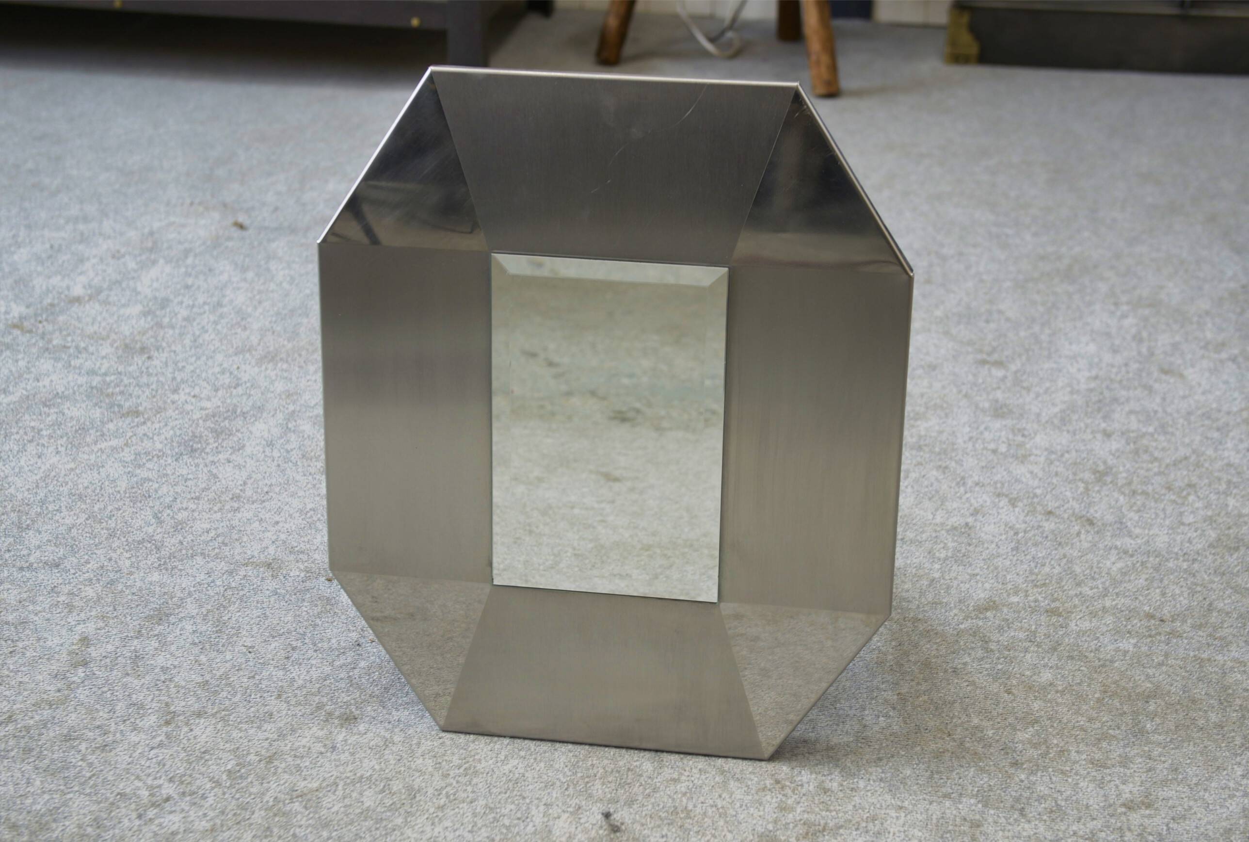 Designer mirror in brushed and chrome-plated stainless steel, beveled glass, 1970s