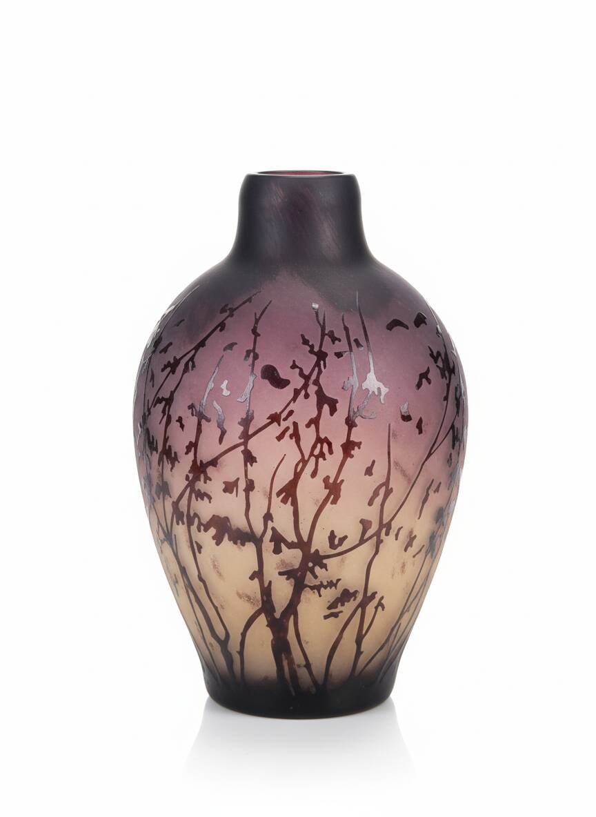 Acid-etched glass vase with a branch design.