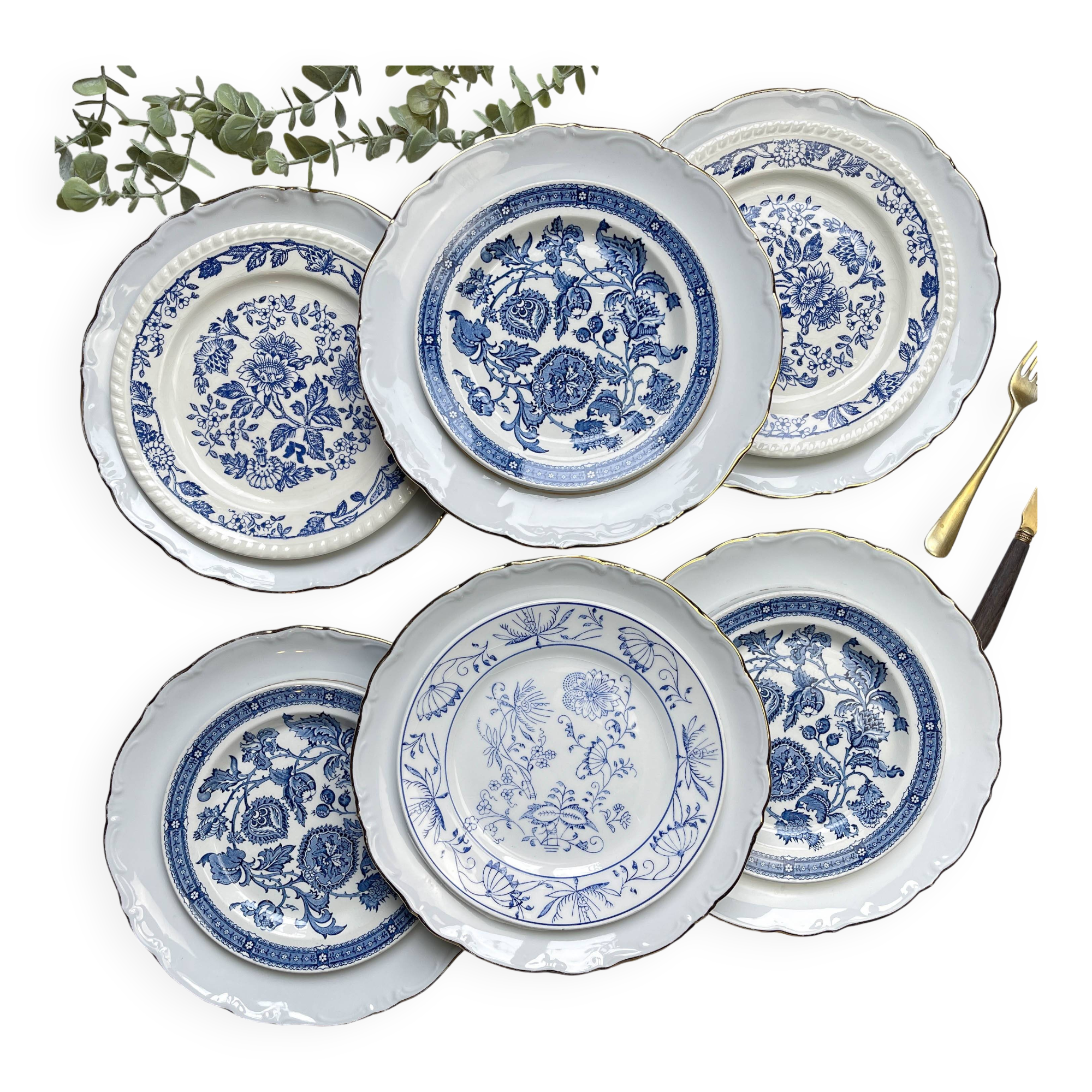 6 Vintage White Porcelain Plates with Gold Trim + 6 Small Mismatched Blue Jacobean Plates