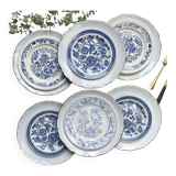 6 Vintage White Porcelain Plates with Gold Trim + 6 Small Mismatched Blue Jacobean Plates