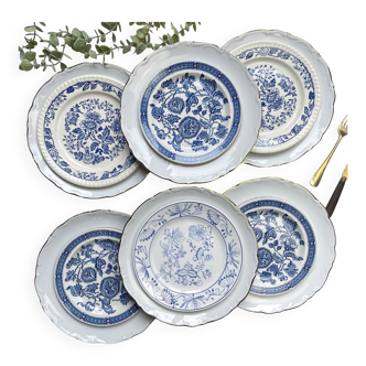 6 Assiettes vintage Porcelaine blanches dorées + 6 Petites Assiettes dépareillées bleues Jacobean ri