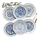6 Vintage White Porcelain Plates with Gold Trim + 6 Small Mismatched Blue Jacobean Plates