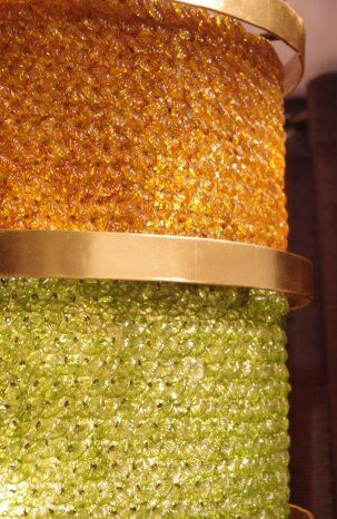 Hanging lamp in gilded iron and tassels of colored glass circa 1950