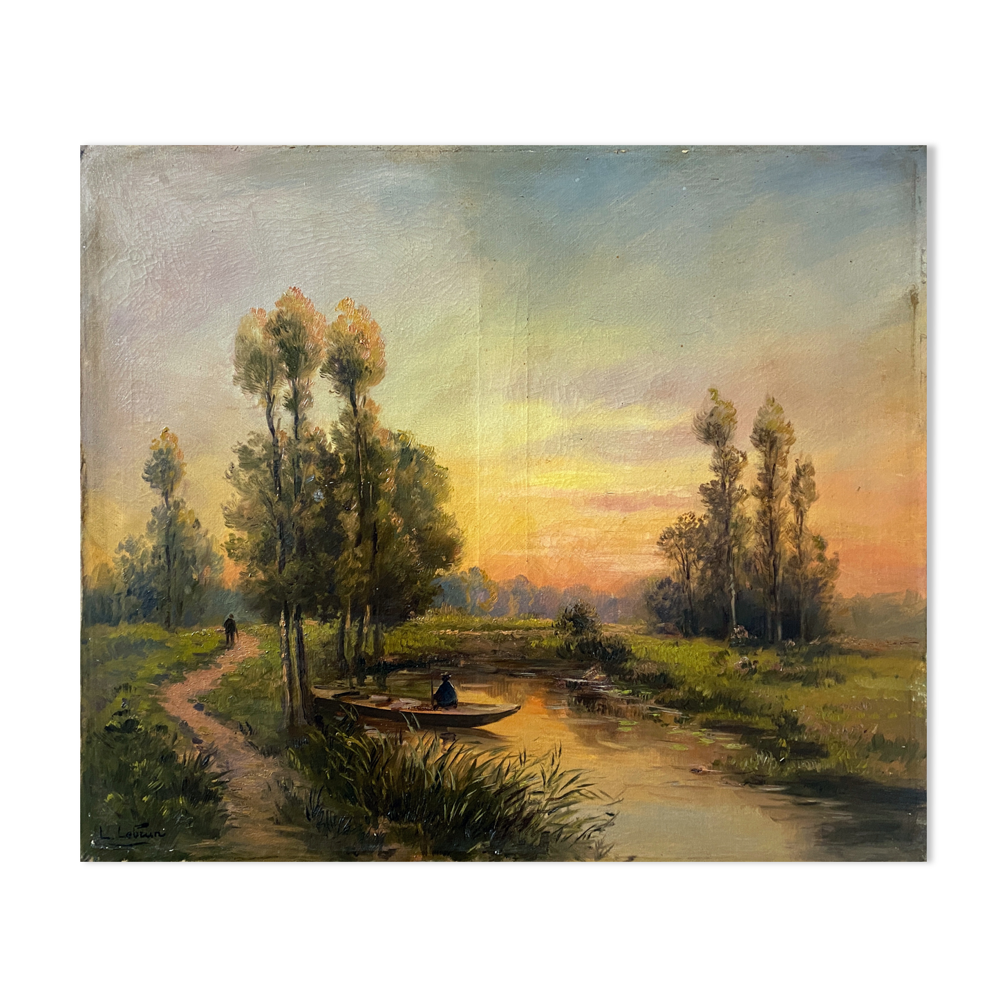 Painting "Landscape with fisherman at sunset" signed L. Lebrun XIX° century