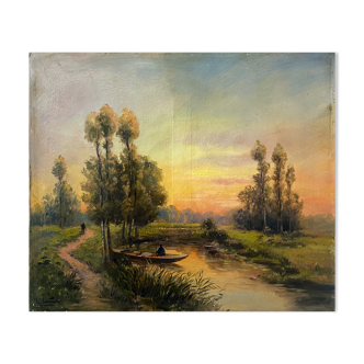 Painting "Landscape with fisherman at sunset" signed L. Lebrun XIX° century