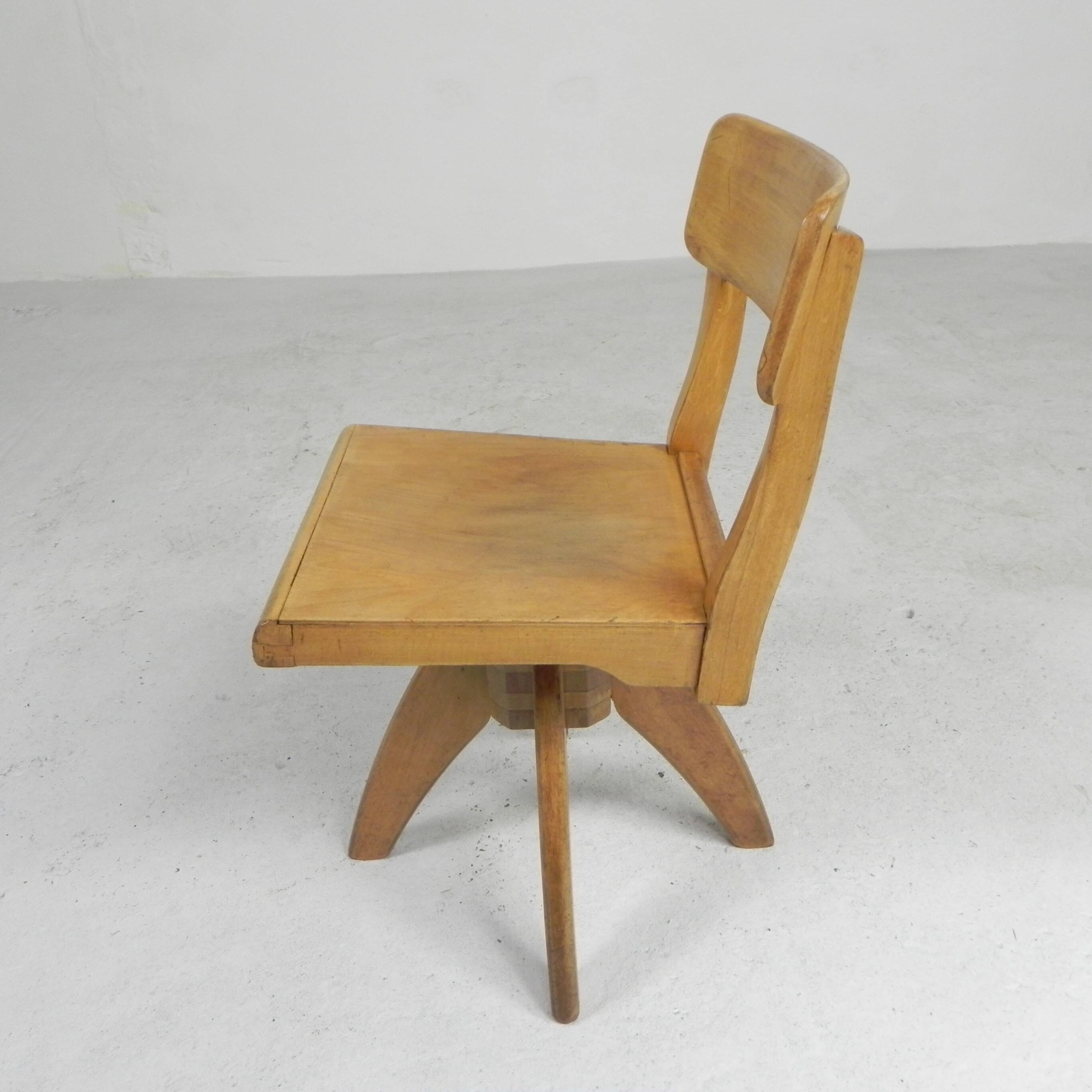 Wooden high chair, swivel chair, school chair, 1950s