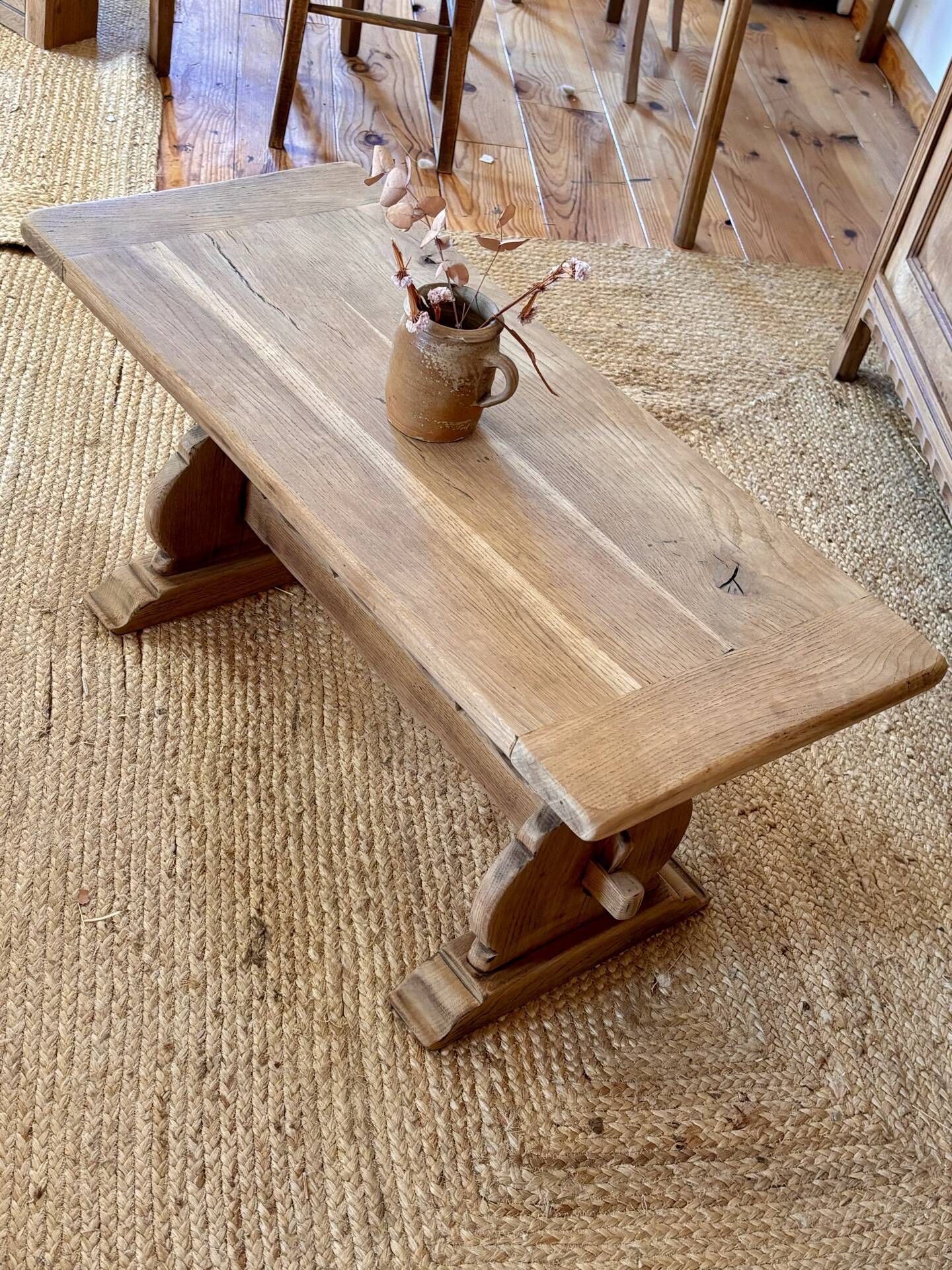 Ancient monastery coffee table in raw solid oak.
