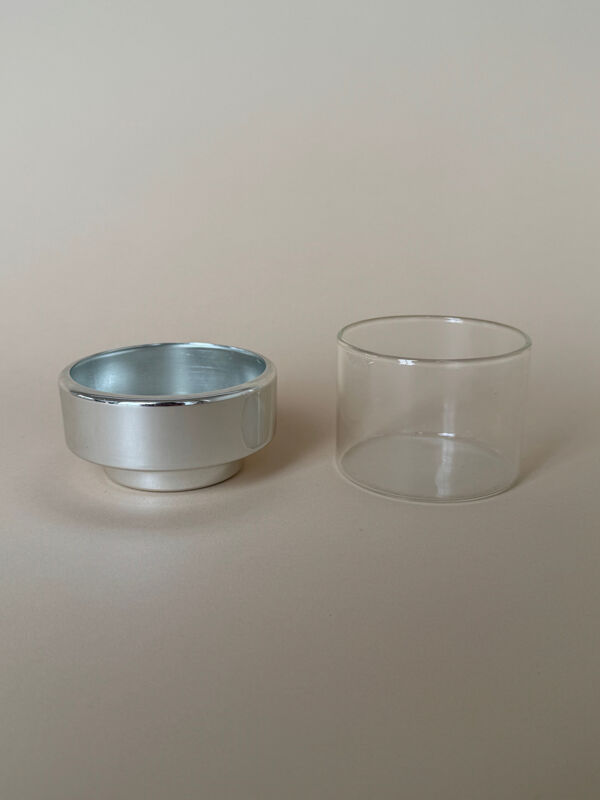 Ensemble vintage moderniste de 6 tasses à café/thé en verre avec théière en céramique.