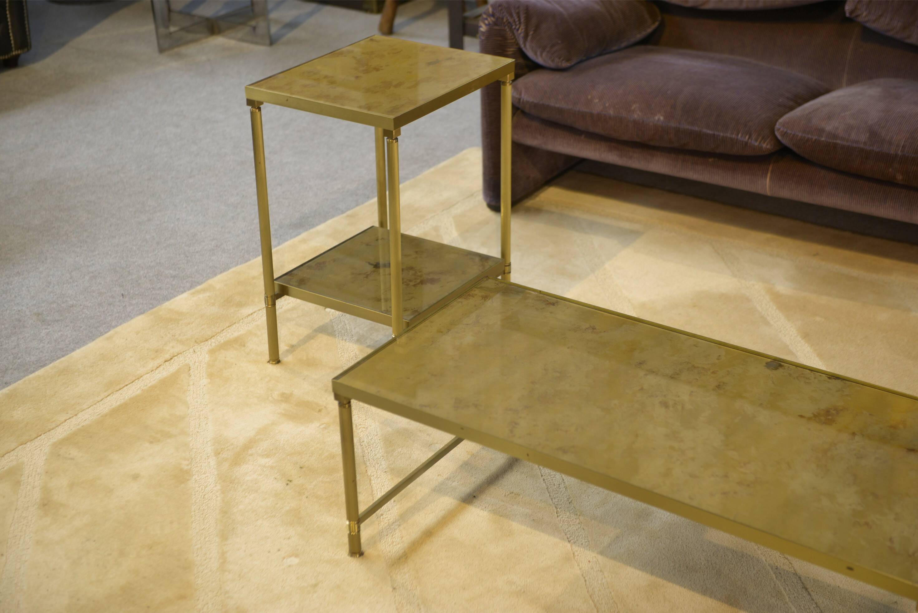 Néo-classical coffee table set with 2 side tables, mirrored glass, 1980s.