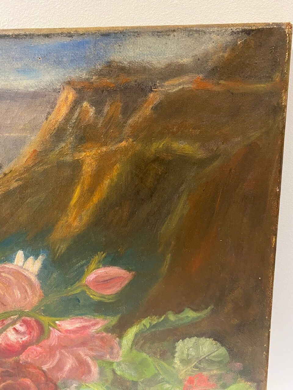 Old painting, still life with daisy roses and wild flowers, signed, early XX century