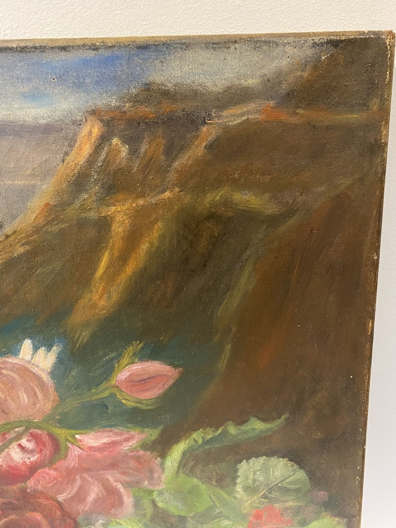 Old painting, still life with daisy roses and wild flowers, signed, early XX century