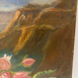 Tableau ancien, nature morte aux roses pâquerettes et fleurs sauvages, signé, début XX siècle