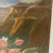 Old painting, still life with daisy roses and wild flowers, signed, early XX century