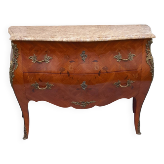 Louis XV style curved chest of drawers in rosewood marquetry with bronze ornaments L 118 cm