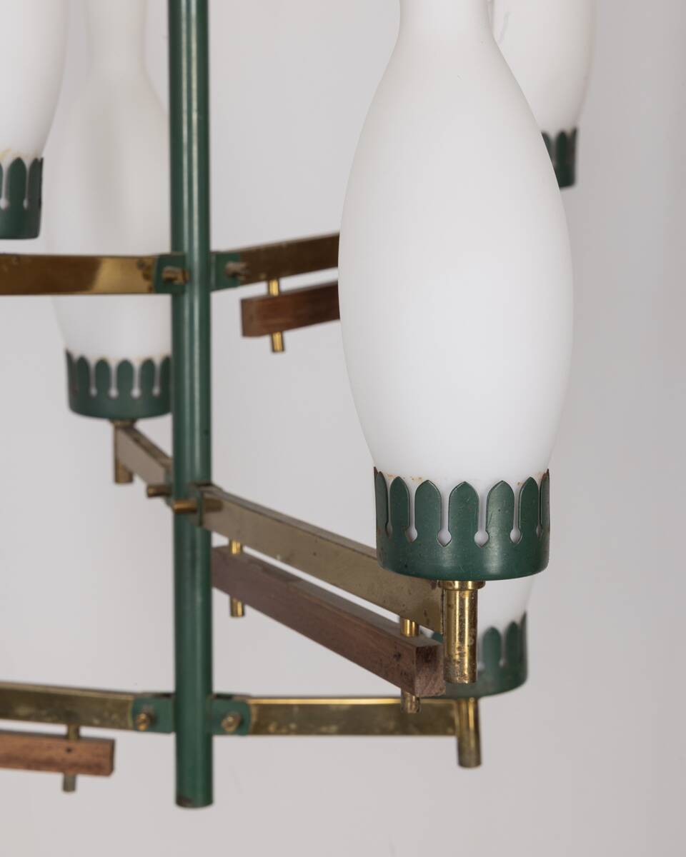 Vintage 50's chandelier in brass, green metal and glass italian design