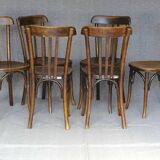 6 fischel n°409 bistro chairs, circa 1935, wooden seat, no thonet.