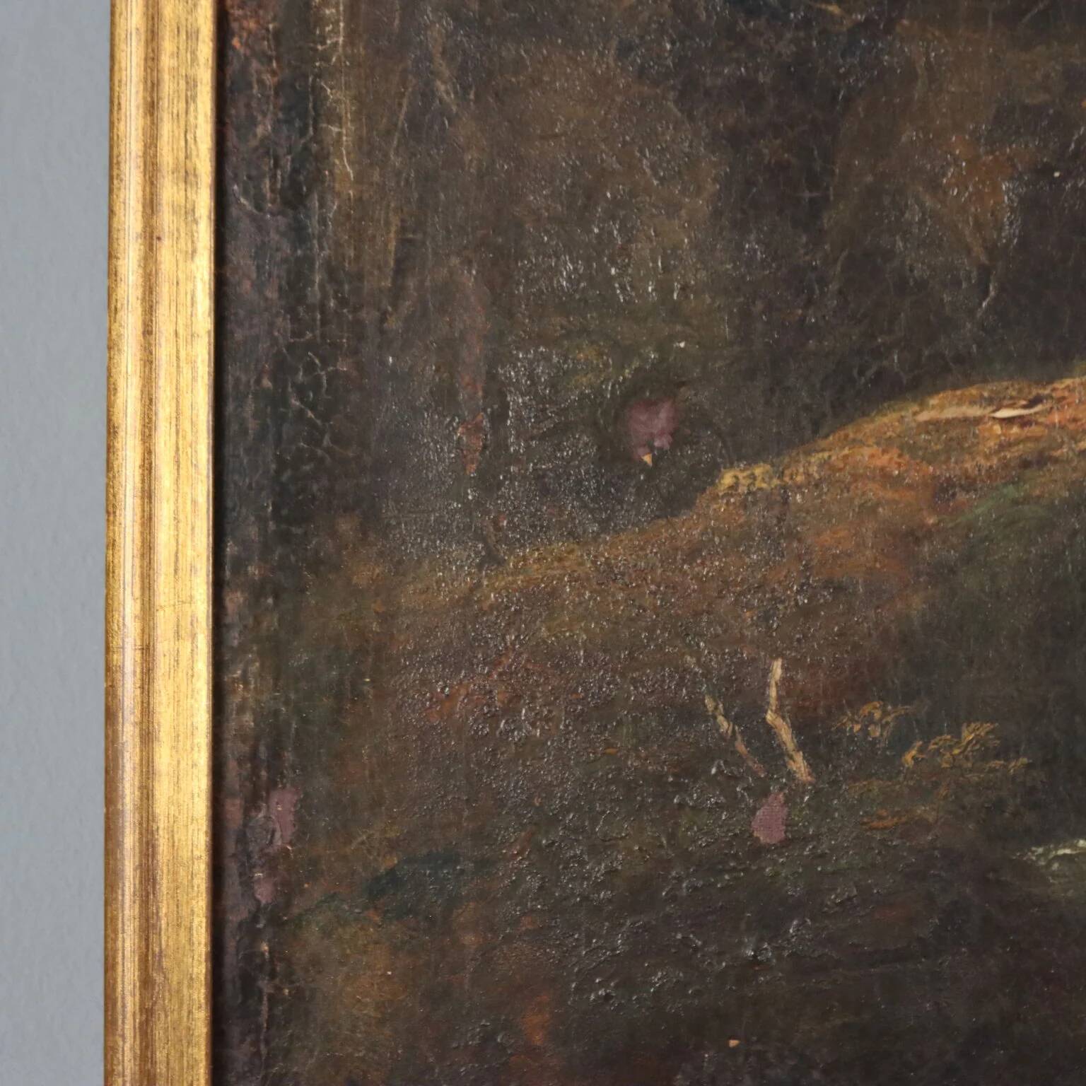 Old painting of a landscape with a river, oil on canvas, 19th century.