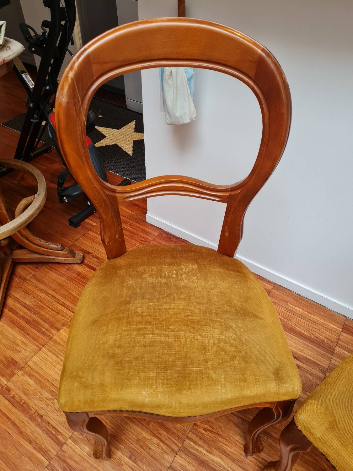 Pair of wooden chairs with velvet seats