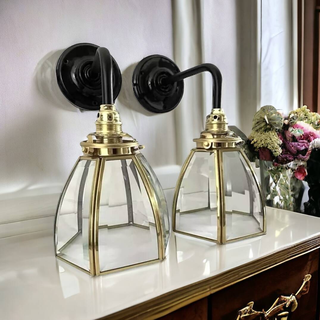 Pair of brass and glass wall lights
