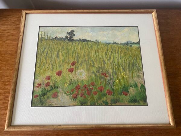 Tableau huile sur papier marcel juillard champs coquelicot cadre bois