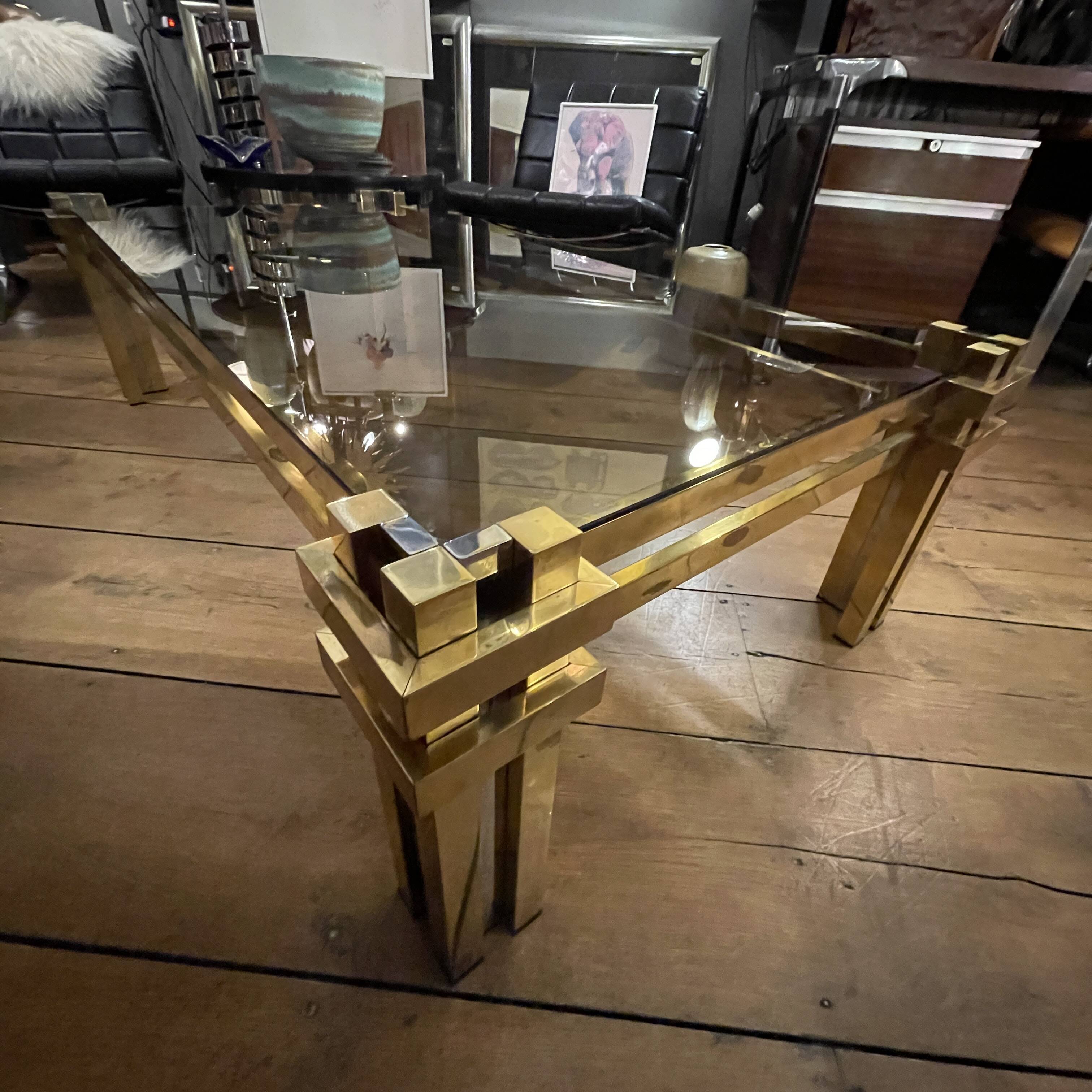 Vintage Romeo Rega coffee table, smoked glass, brass and chrome metal, Hollywood Regency design 1970s