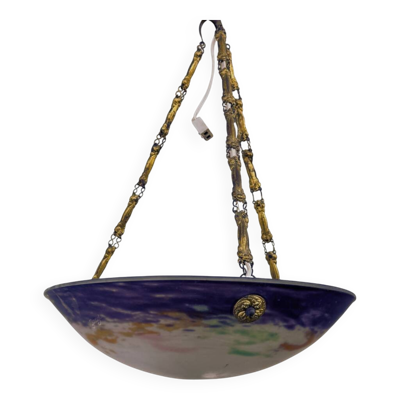 Suspension Art Déco signé Jany – Pâte de verre – Décor marmoréen