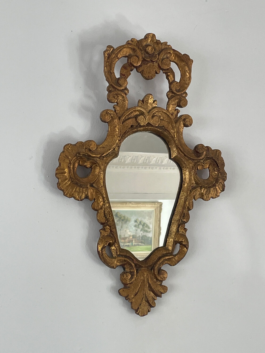 Miroir en bois doré style baroque Louis XIV, 39x67 cm