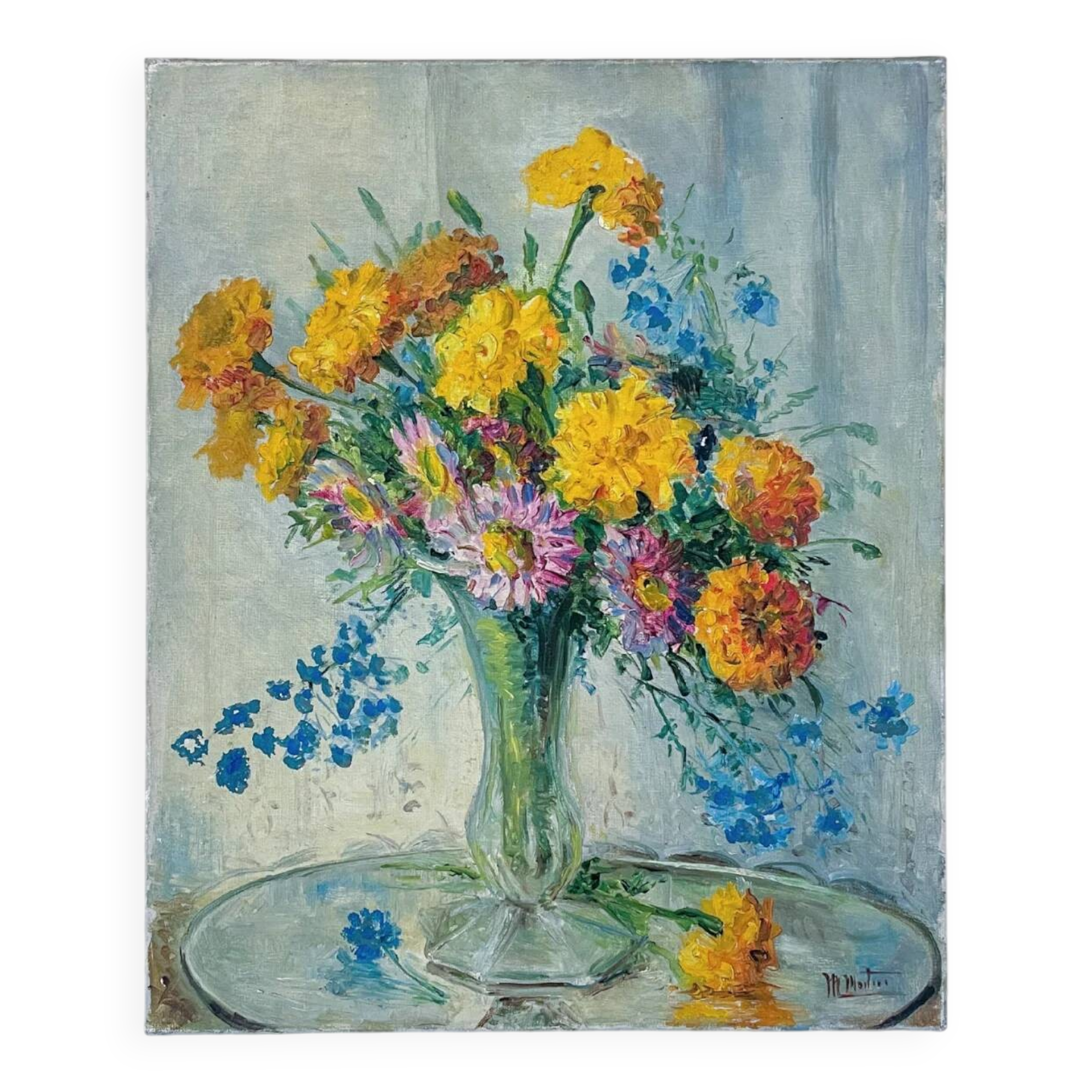 Old painting - Bouquet of flowers in a glass vase