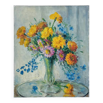 Old painting - Bouquet of flowers in a glass vase