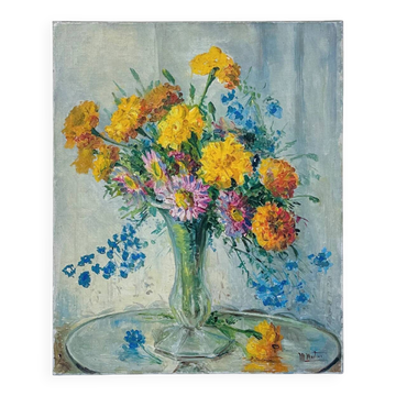 Tableau ancien - Bouquet de fleurs dans vase en verre