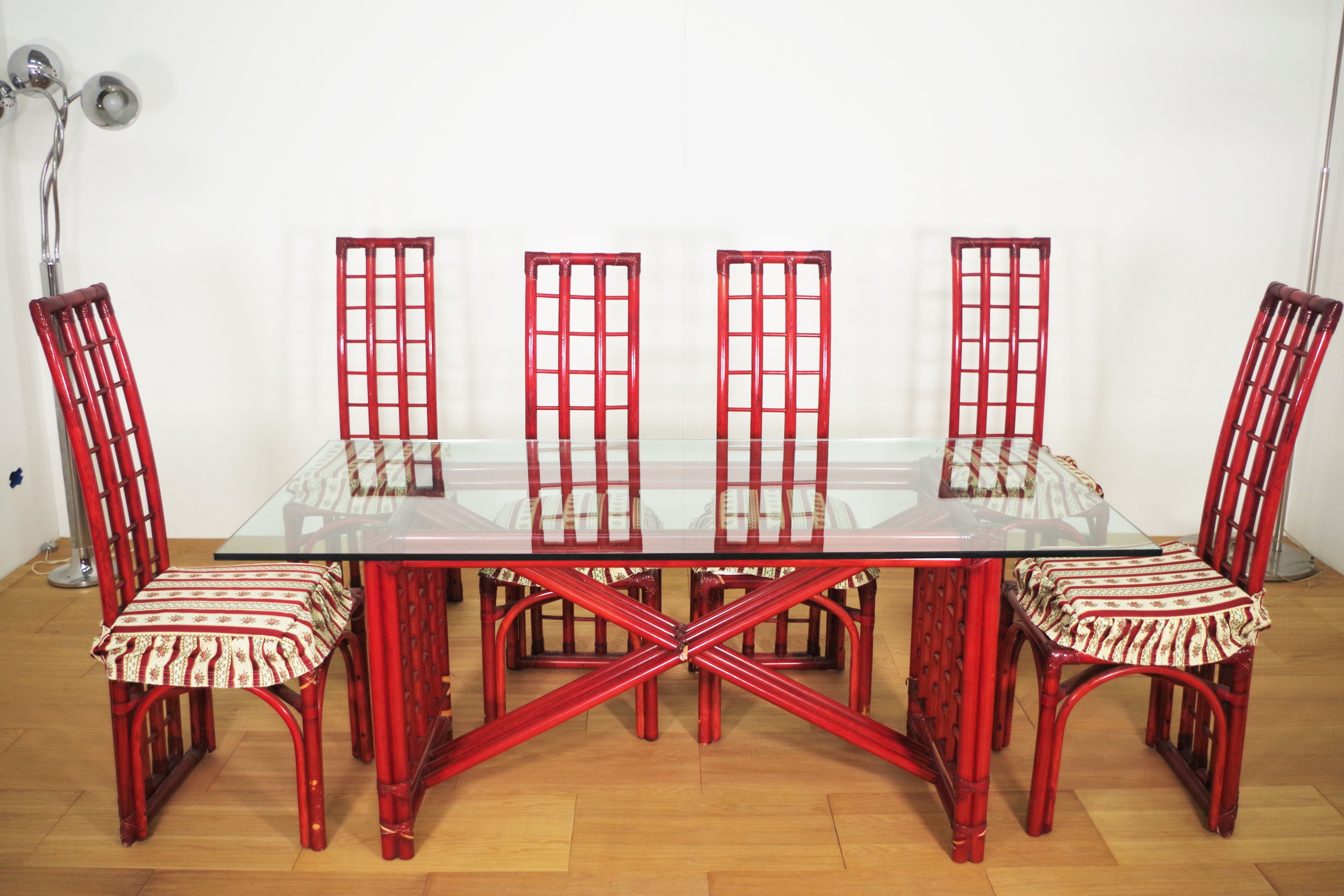 Red bamboo table by Arturo Pozzoli, 1980s, set of 7