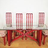 Red bamboo table by Arturo Pozzoli, 1980s, set of 7