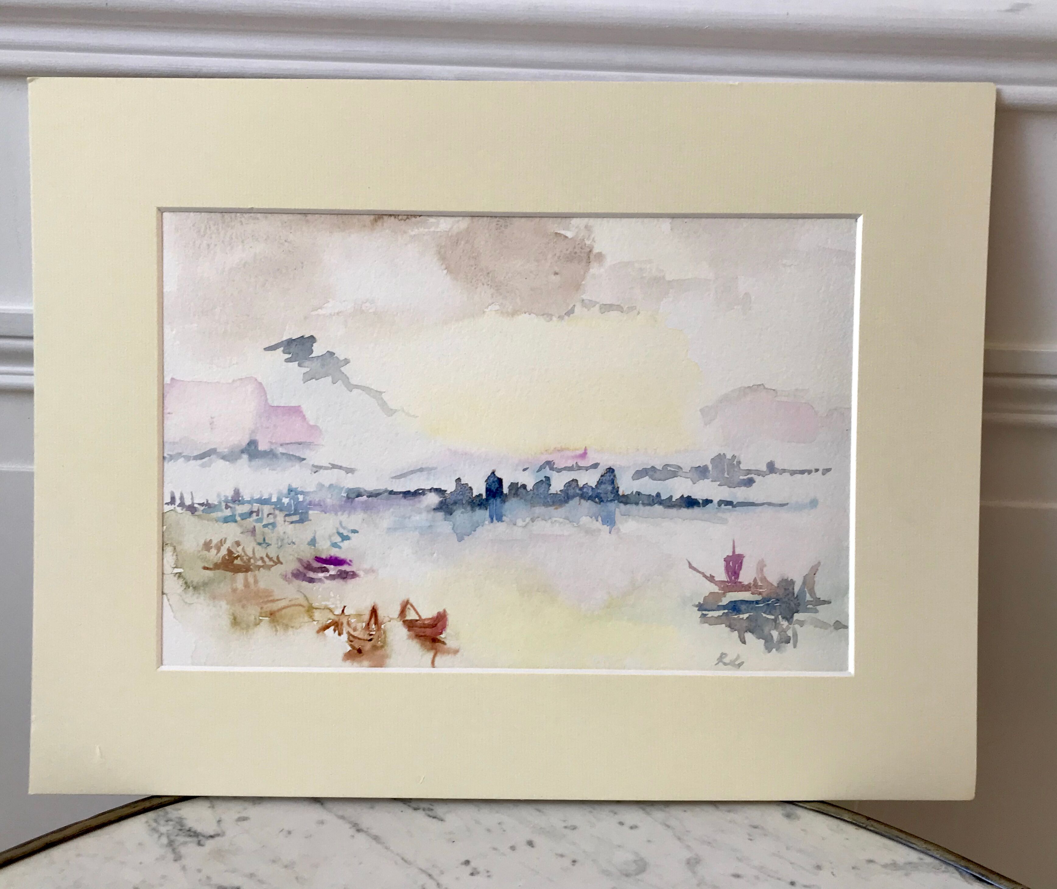 Watercolor sunset sea signed Roseline Lombard