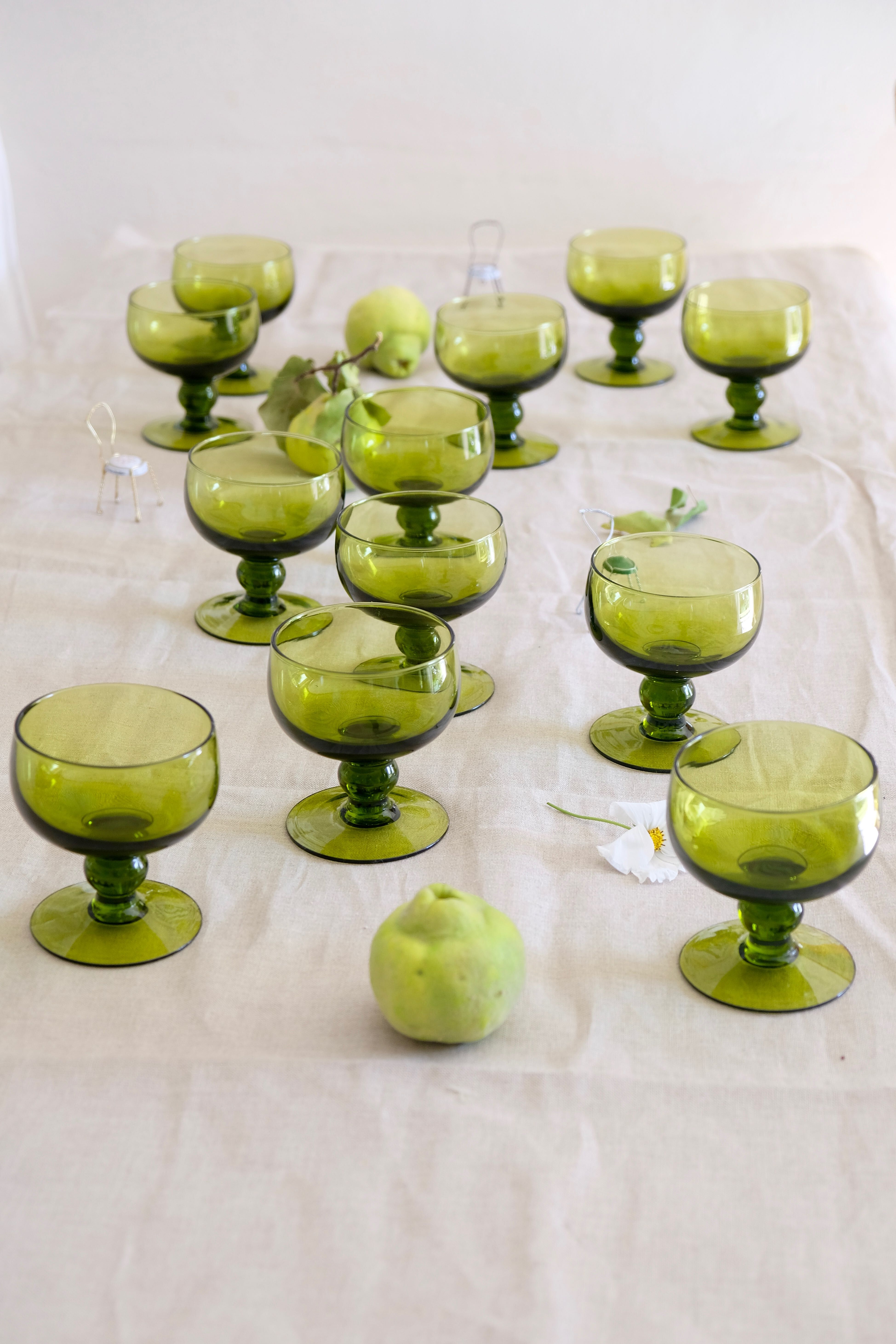 Set of 12 olive green wine glasses, mouth soufflé from the 50s