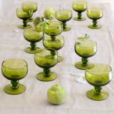 Set of 12 olive green wine glasses, mouth soufflé from the 50s