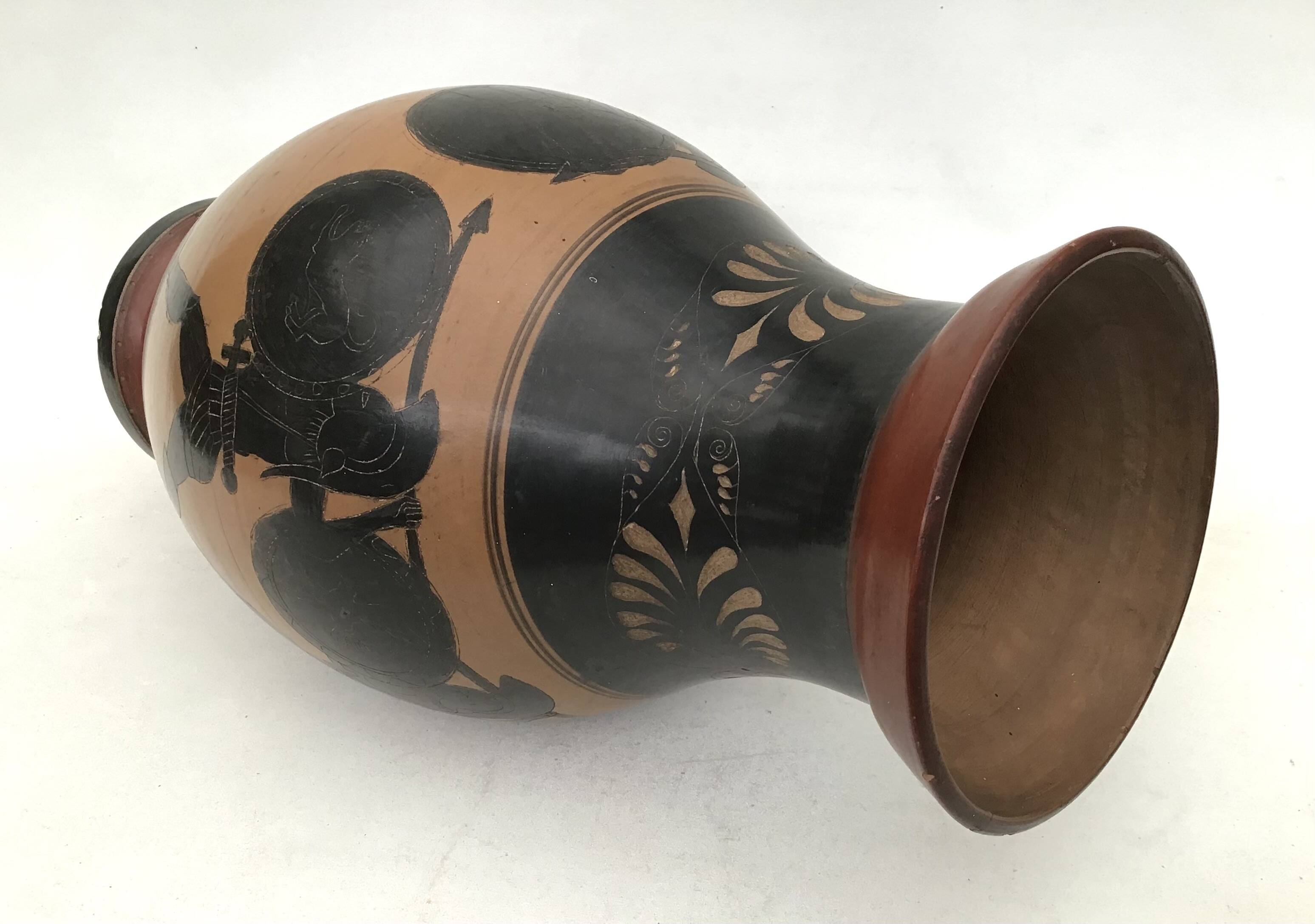 Reproduction of a Greek Attic-style black-figure vase depicting warriors