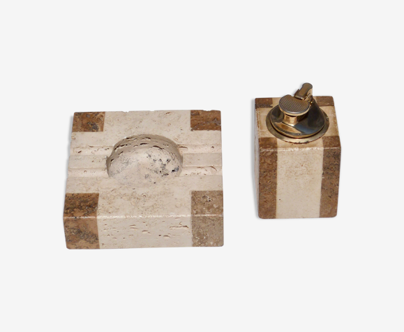 Set de fumeur en travertin, briquet et cendrier
