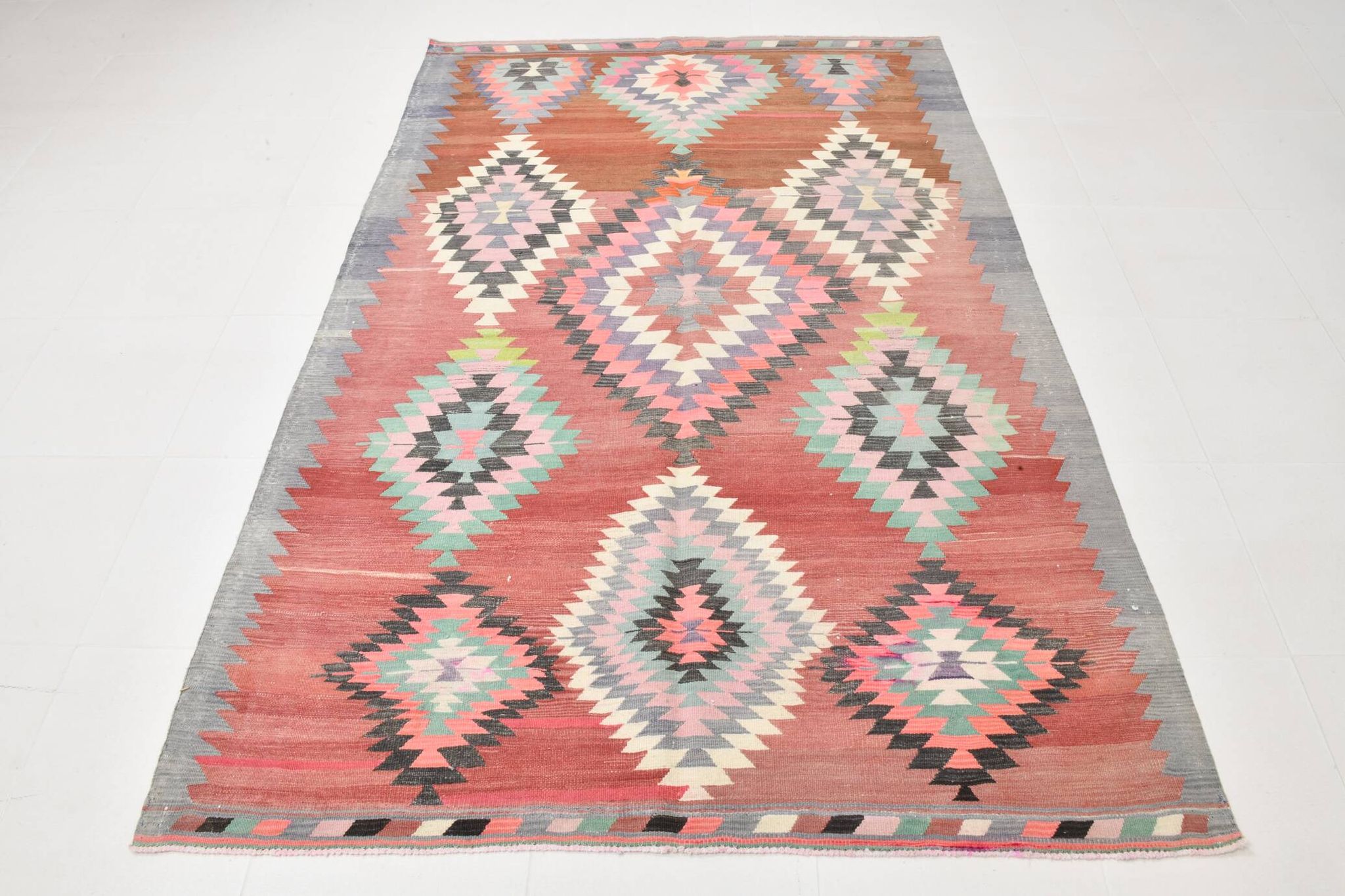 5x8 Red & Pink Handmade Geometric Kilim Area Rug, 160x238Cm
