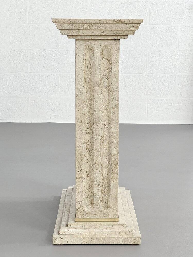 Ensemble console et miroir des années 80 en marqueterie de pierre et laiton