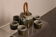 Hand-made ceramic tea set glazed in bleu-green tones, Belgium 1960